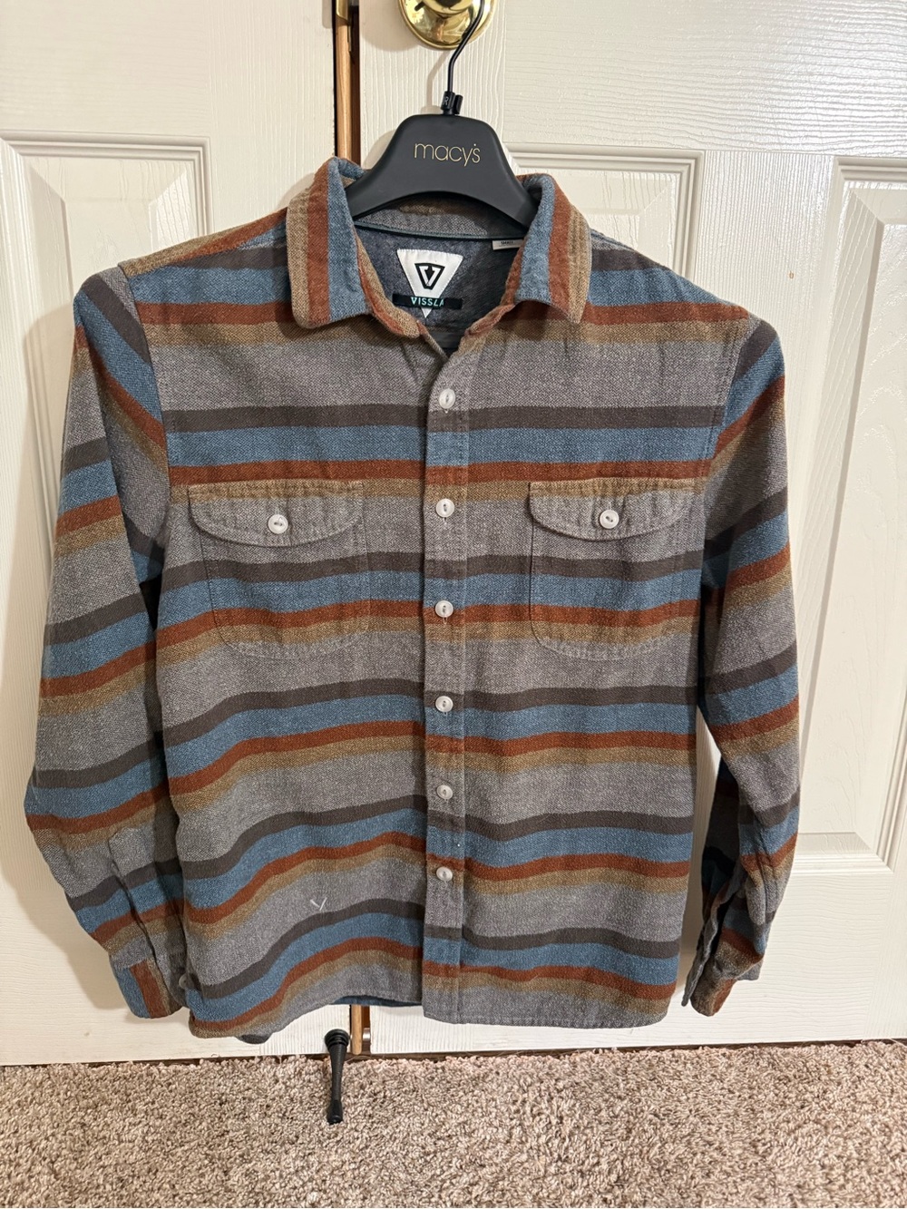VISSLA Striped Button-Down Shirt in Gray, Blue & Brown